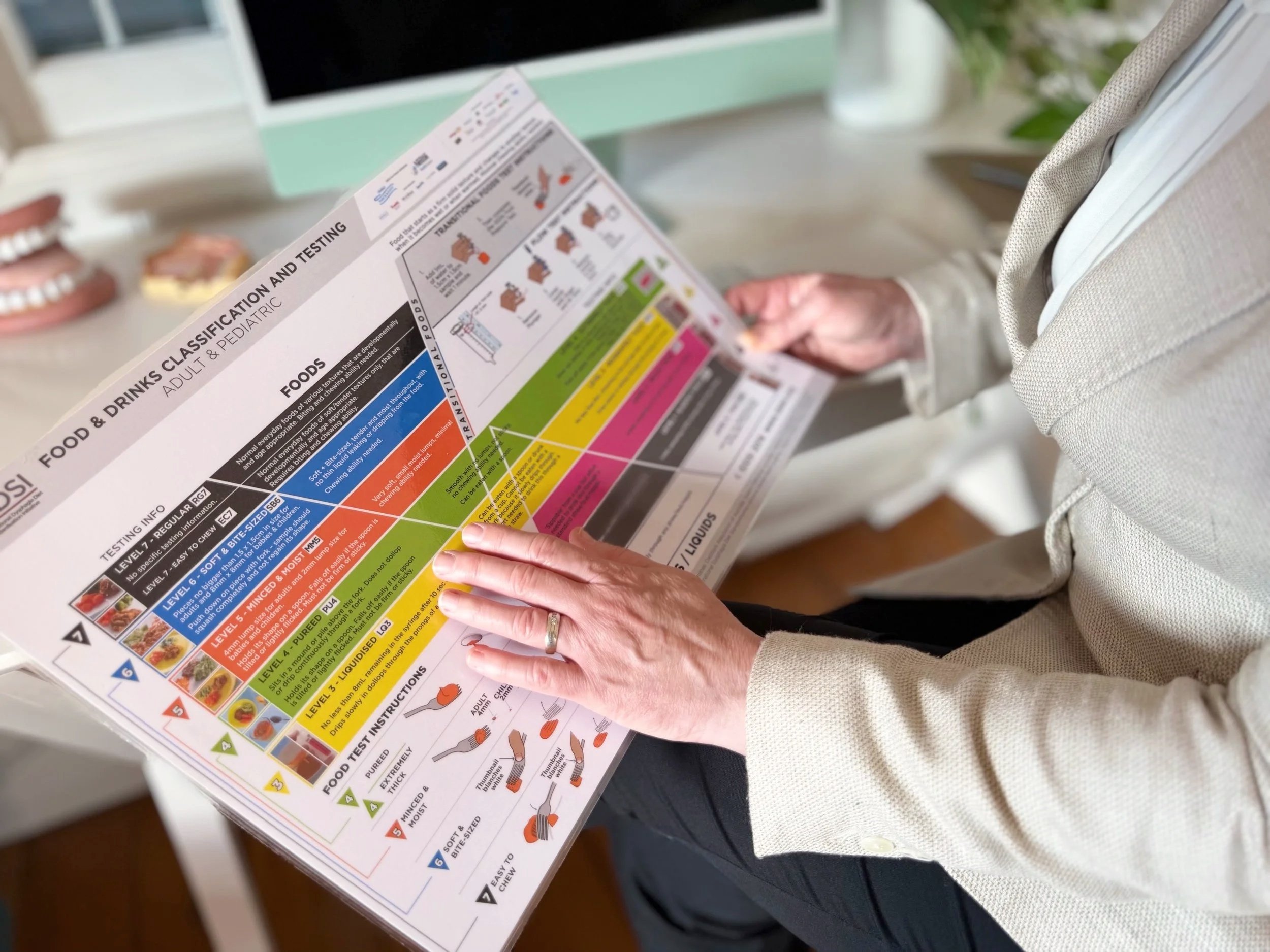 Person in a beige blazer and dark pants holding a food allergy and intolerance testing chart at a desk in an office or clinic environment.
