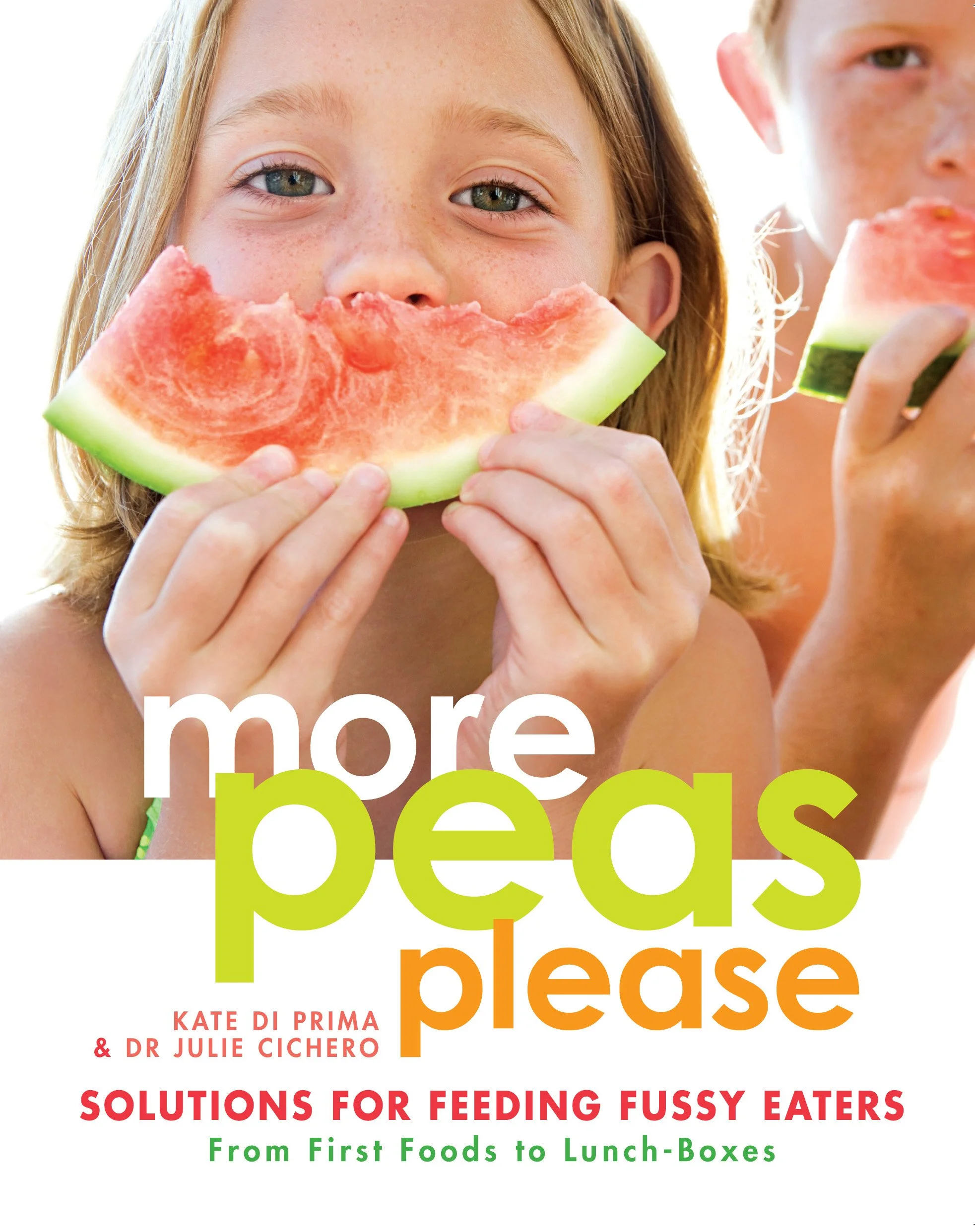 Close-up of a young girl with blue eyes and red hair holding a slice of watermelon in front of her face, smiling. In the background, another child is partially visible holding a watermelon slice. Overlaid text includes the words 'more', 'please', and additional book details.
