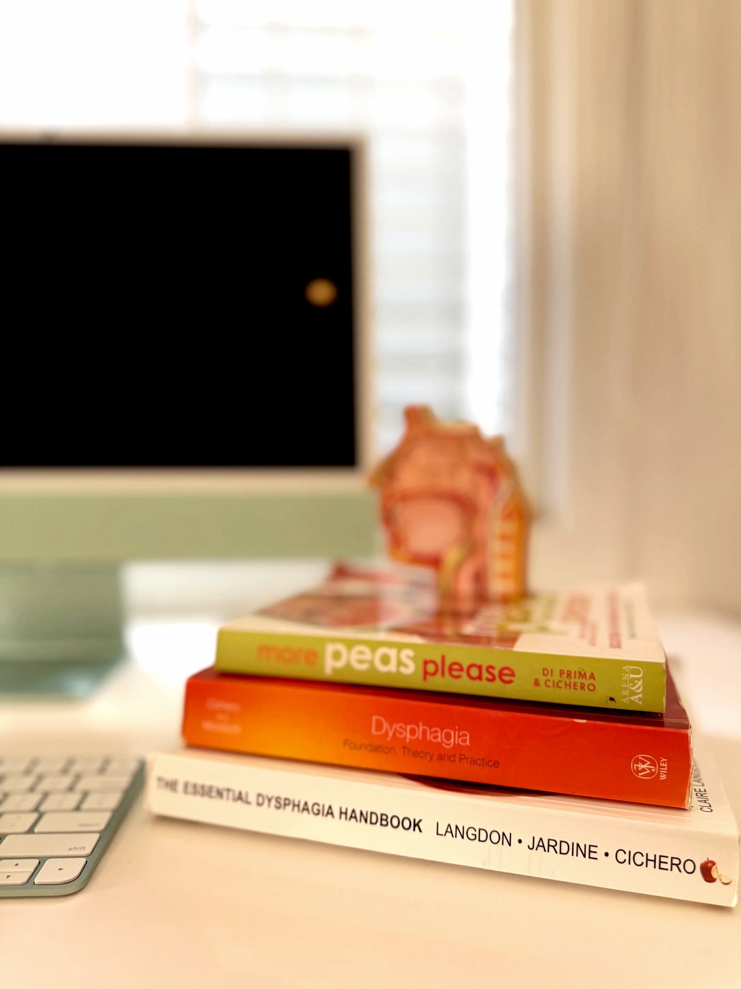 Close-up of a stack of books authored by Dr Julie Cichero, placed on a desk in front of a computer keyboard, with a soft blurred background including a window and some objects.