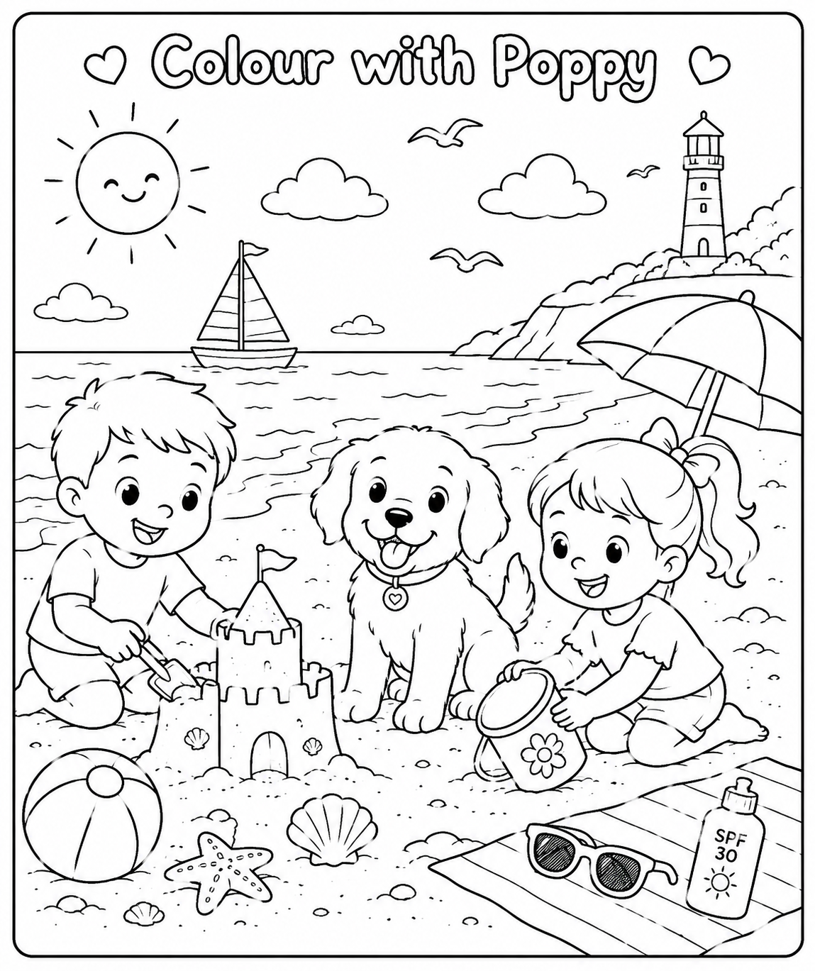 Colour With Poppy - Dog & Kids At The Beach Colouring In Page