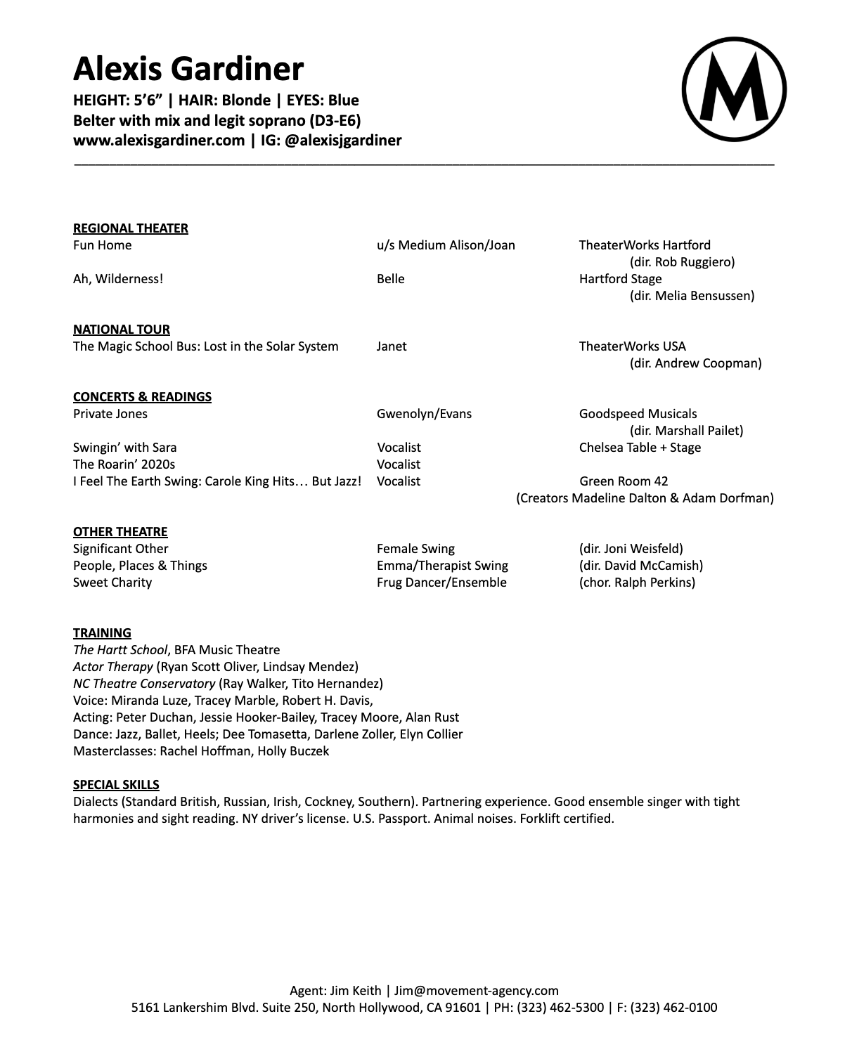 A detailed resume of Alexis Gardiner, including personal details, performance experience, training, special skills, and contact information.