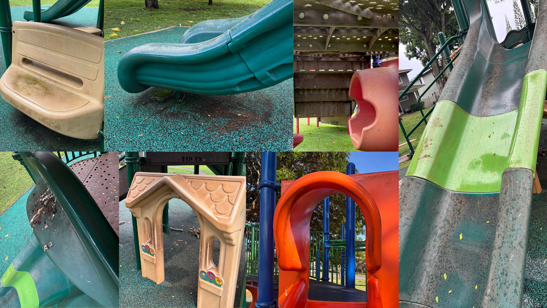 Collage of various weathered playground equipment including slides, climbing structures, benches, and other play fixtures, with visible dirt, rust, and signs of aging.