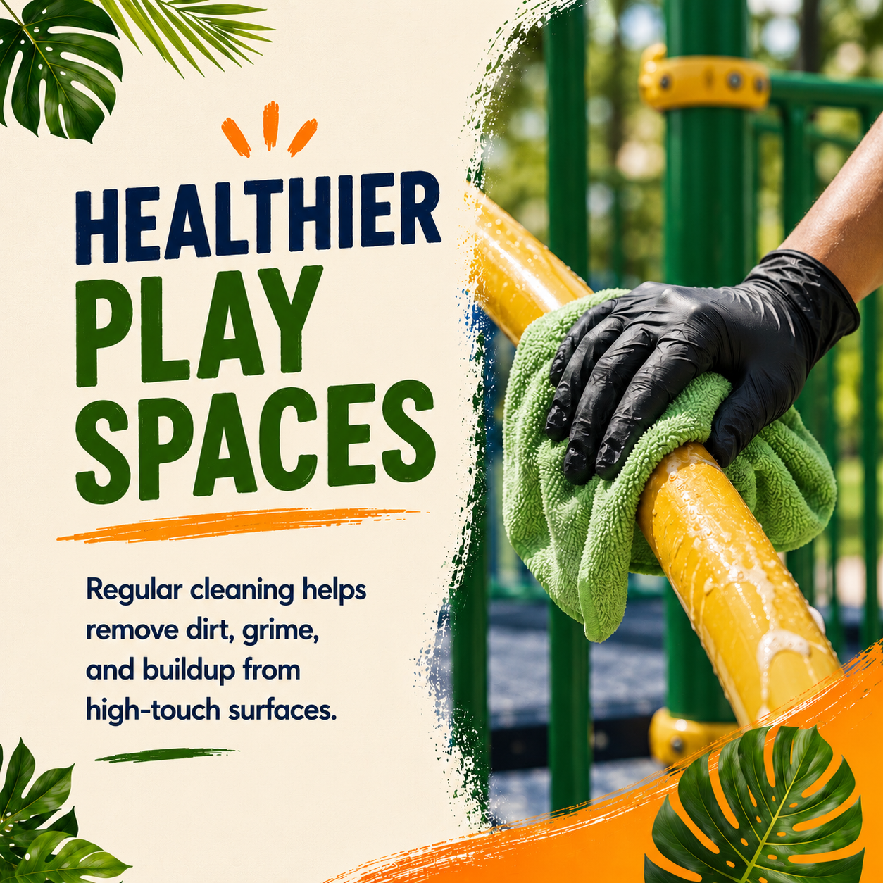 Sign promoting cleaning of playground equipment for healthier play spaces, featuring a person cleaning a yellow pole with a green cloth and text about the benefits of regular cleaning.