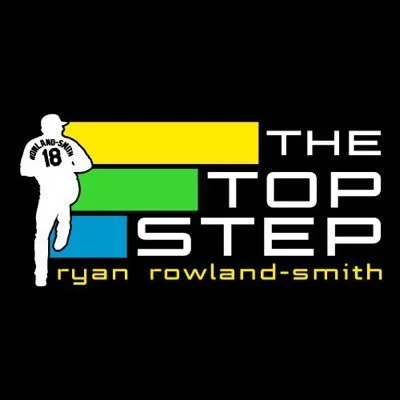 Illustration of a baseball player in a white uniform with number 18, running across the image. Background features yellow, green, and blue bars. Text reads "THE TOP STEP" in large white letters and "ryan rowland-smith" in smaller yellow letters below.