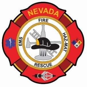Nevada fire rescue emblem with a firefighter helmet, a Dalmatian, and firefighting tools