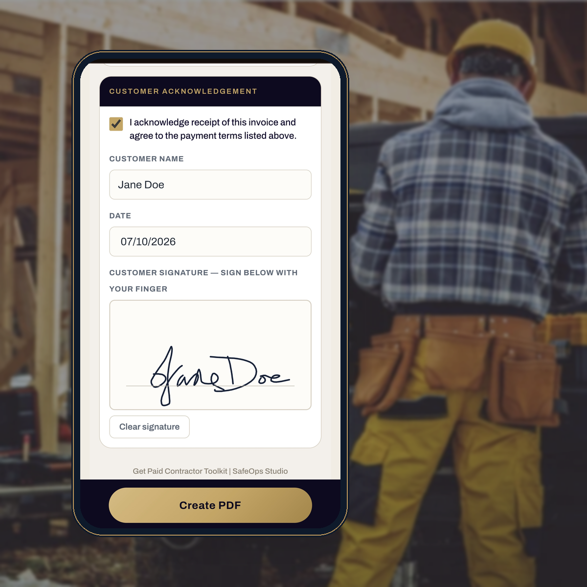 Mobile phone screen displaying a customer acknowledgment form with a signature and a background of a construction worker in a yellow hat and toolbelt at a construction site.