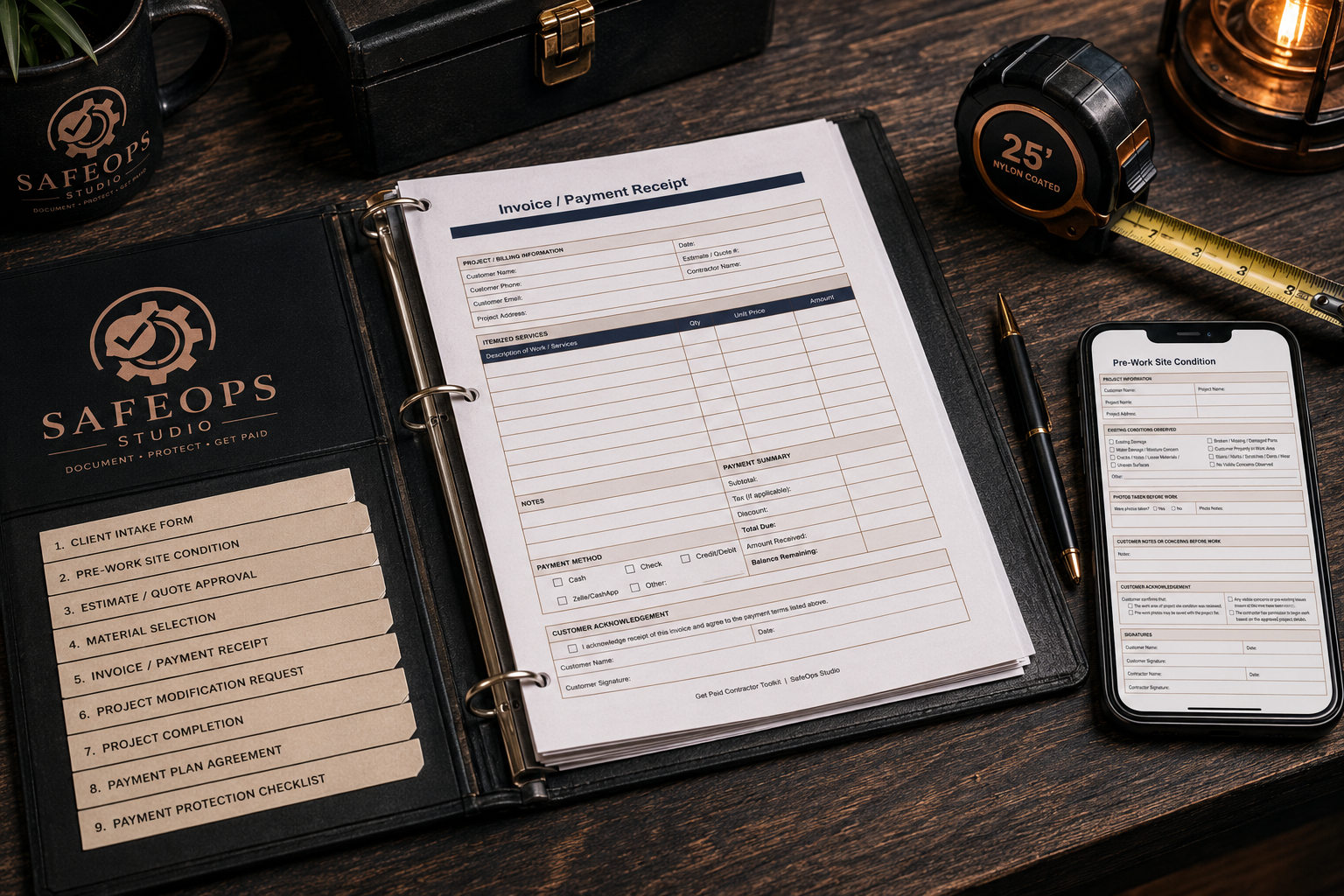 Get Paid Contractor Toolkit binder showing the Invoice and Payment Receipt form, tabbed dividers for all 10 contractor forms, and the fillable PDF version open on a phone