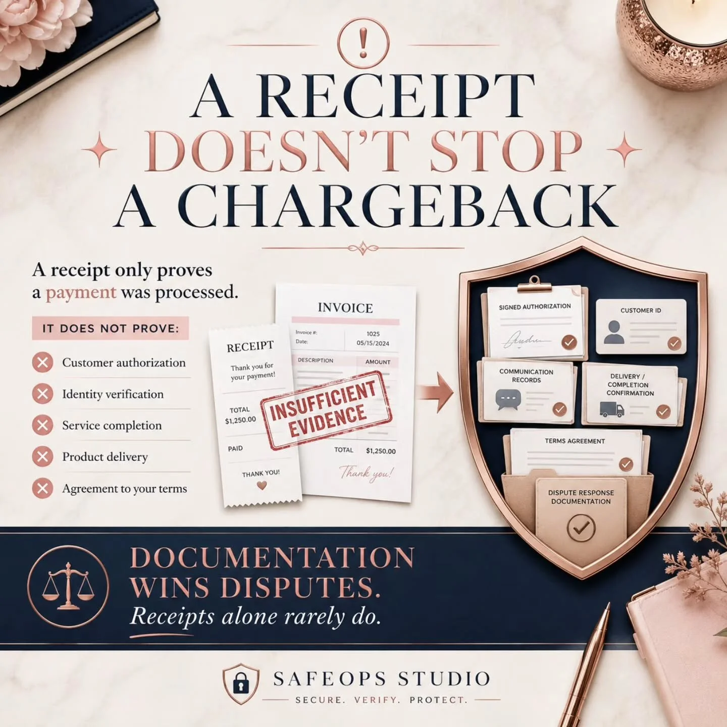 🚨 A Receipt Doesn't Stop a Chargeback

A receipt only proves a payment was processed.
It does NOT prove: 

✖ Customer authorization
✖ Identity verification
✖ Service completion
✖ Product delivery
✖ Agreement to your terms

Documentation Wins Dispute