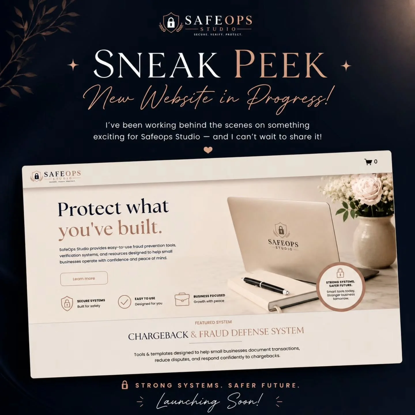 A little sneak peek of what I&rsquo;ve been building behind the scenes for SafeOps Studio 🤍

I&rsquo;ve been working on creating a more elevated experience for small business owners &mdash; combining practical fraud prevention tools with clean, easy