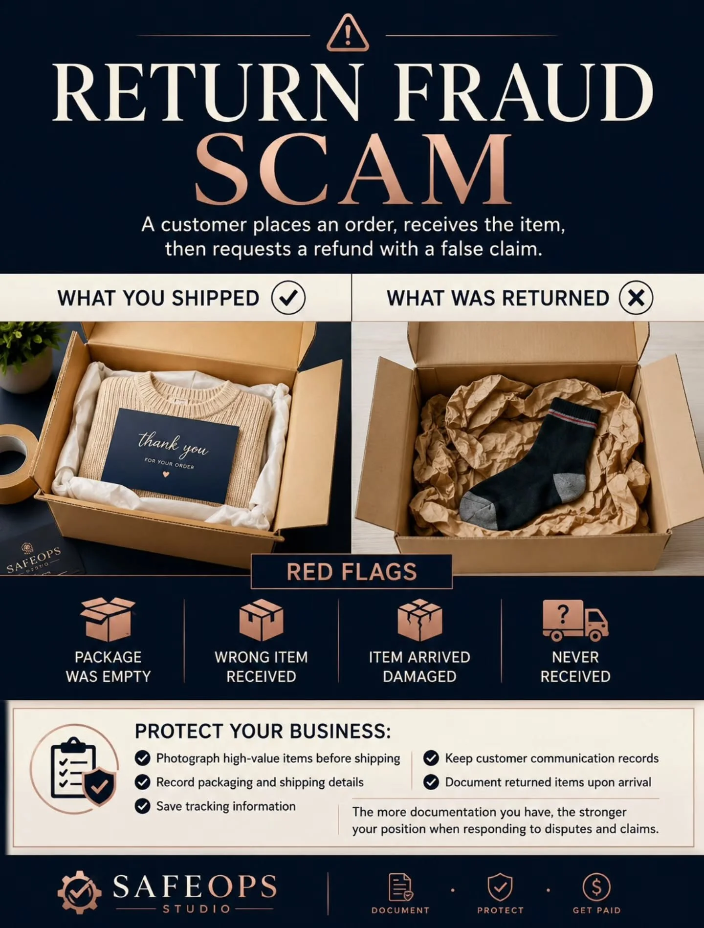 🚨 RETURN FRAUD SCAM

Return fraud is becoming a growing issue for online sellers. While most customers are honest, a single fraudulent claim can result in lost merchandise, lost revenue, and additional fees.

Good documentation won't stop every disp