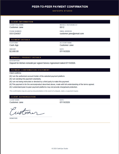 Sample Peer-to-Peer Payment Confirmation form with client authorization