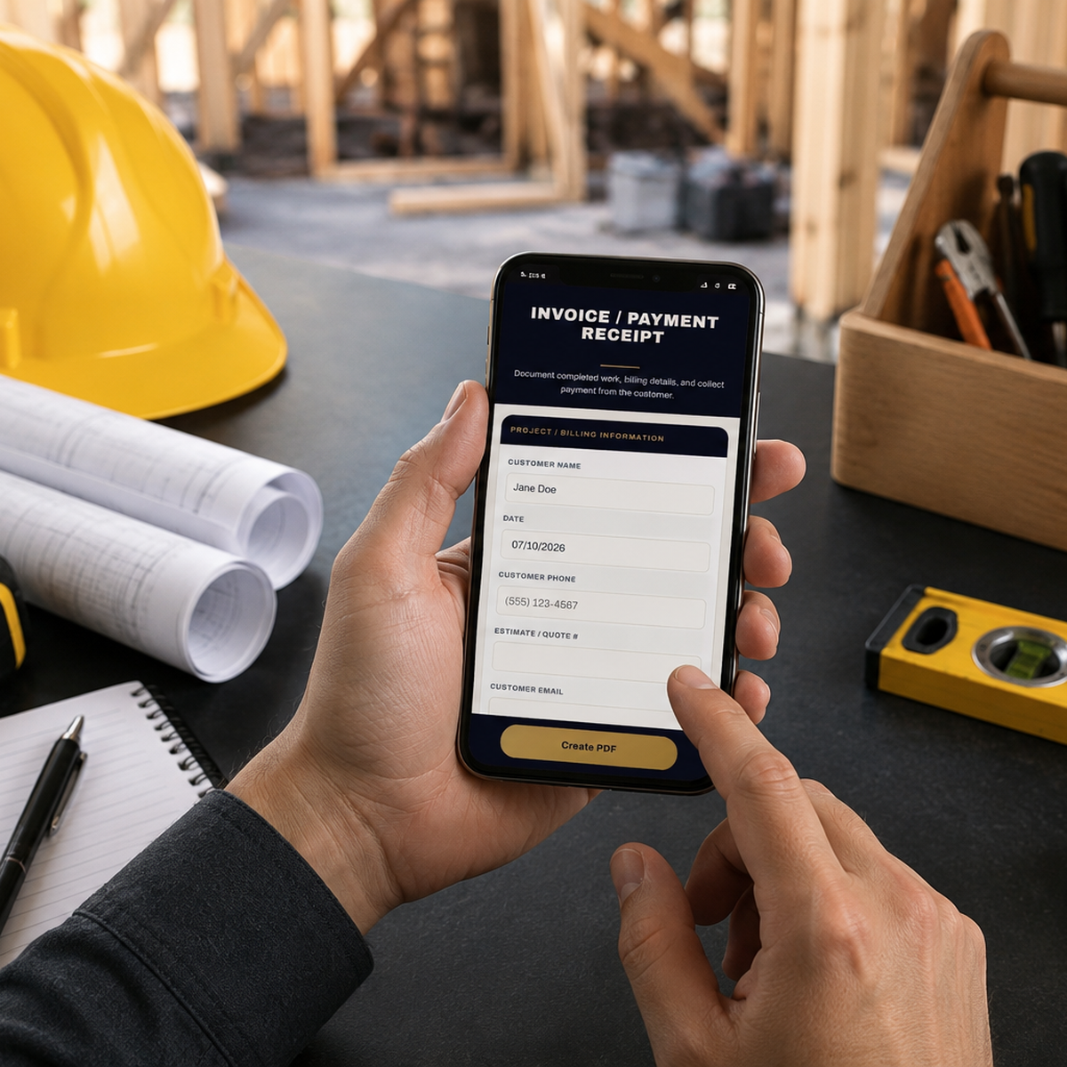 Contractor filling out an invoice on their phone at a job site