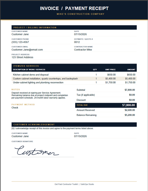 Sample itemized invoice and payment receipt with customer signature