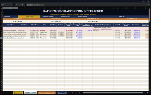 Sample Project and Payment Tracker Pro spreadsheet — Project Tracker view with job entries