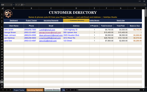 Sample Project and Payment Tracker Pro spreadsheet — Customer Directory view