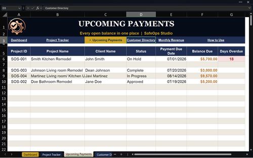 Sample Project and Payment Tracker Pro spreadsheet — Upcoming Payments view