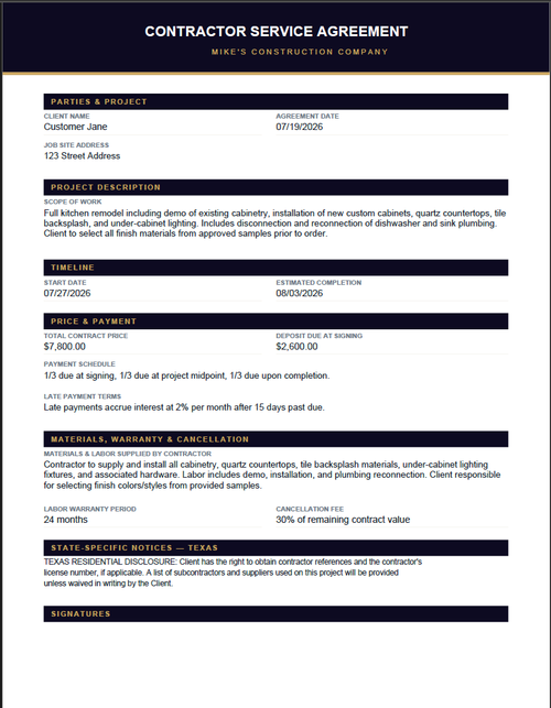 Sample Contractor Service Agreement page 1 — terms, pricing, and scope of work
