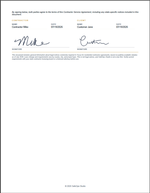 Sample Contractor Service Agreement page 2 — contractor and client signatures