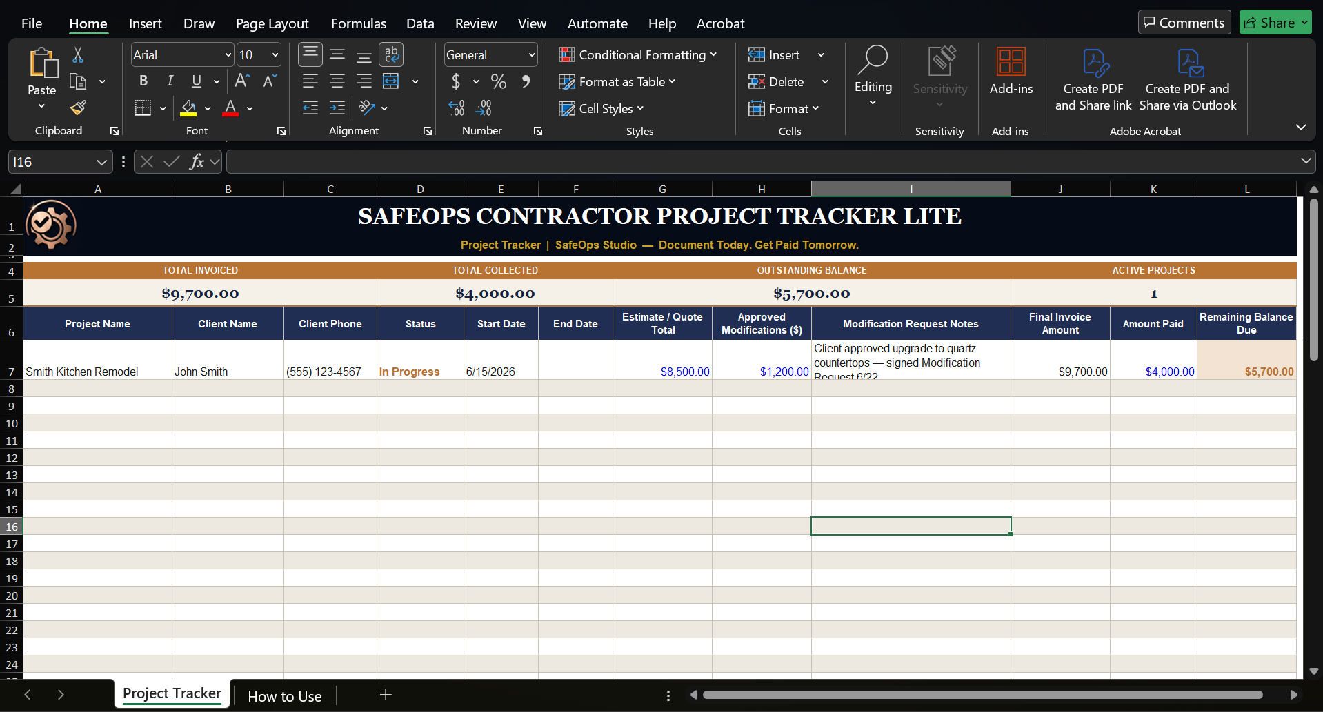 SafeOps Contractor Project Tracker-Lite | Free Excel Template