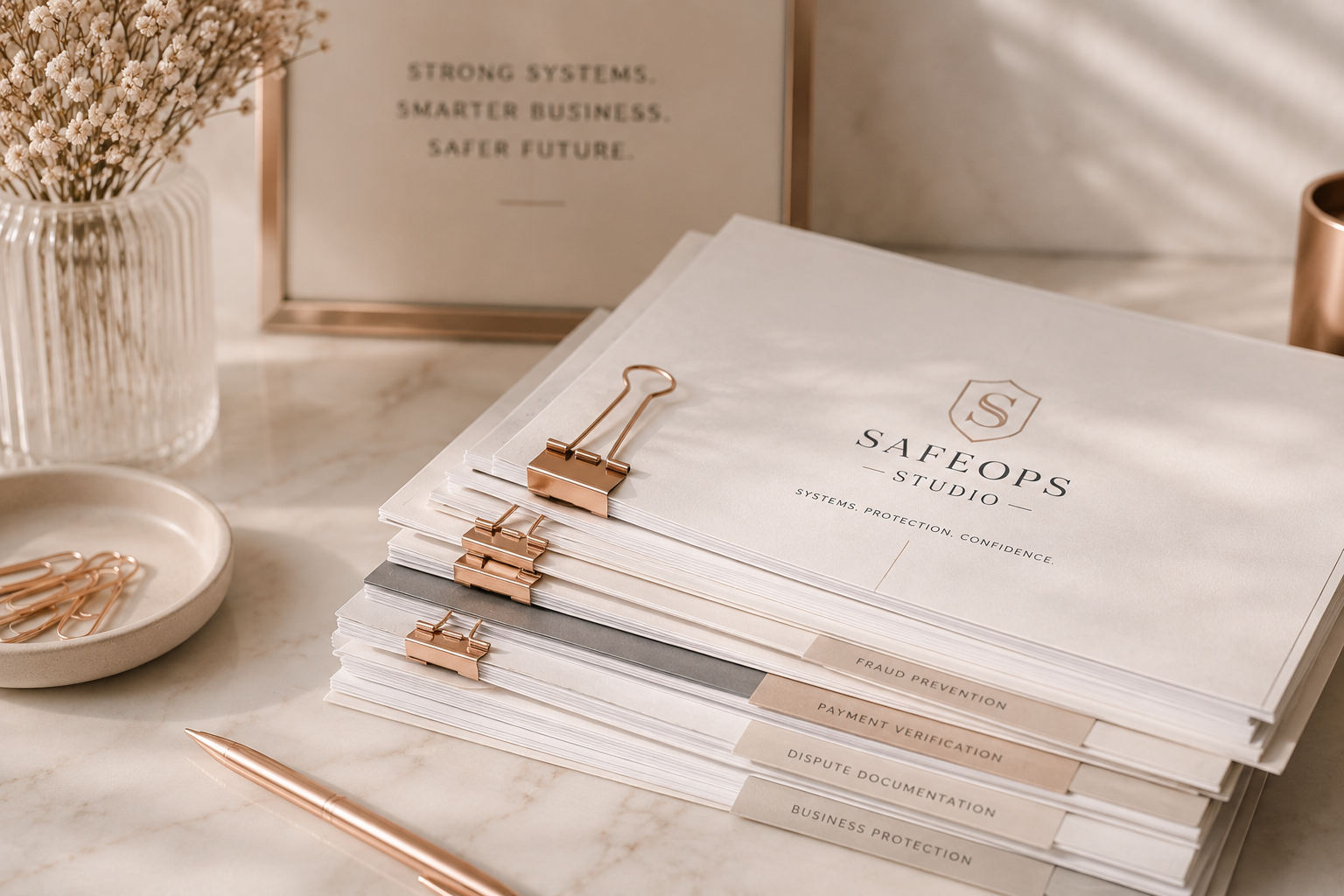 Stacked business protection and fraud prevention documents organized with rose gold paper clips on a neutral marble desk with elegant SafeOps Studio branding.