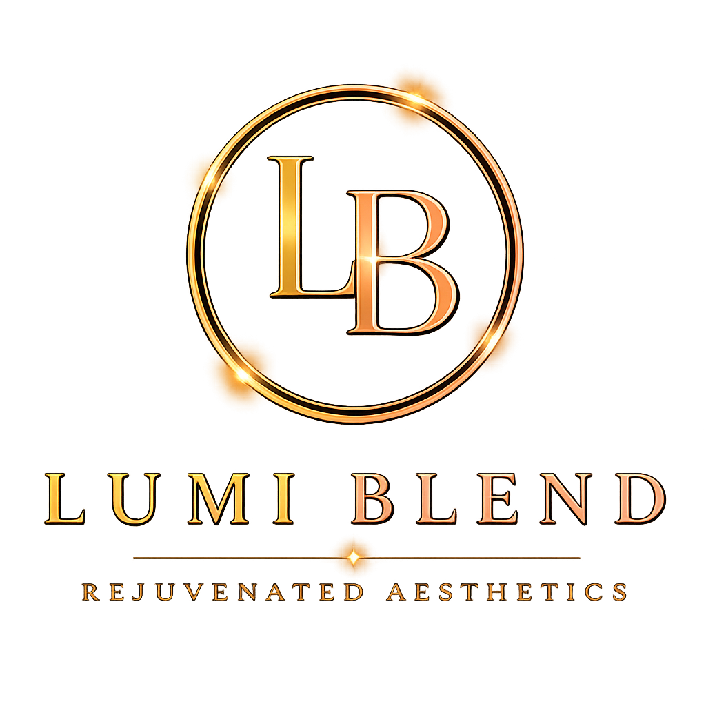 Logo with gold and purple text reading "LUMI BLEND" and the tagline "Rejuvenated Aesthetics" underneath.