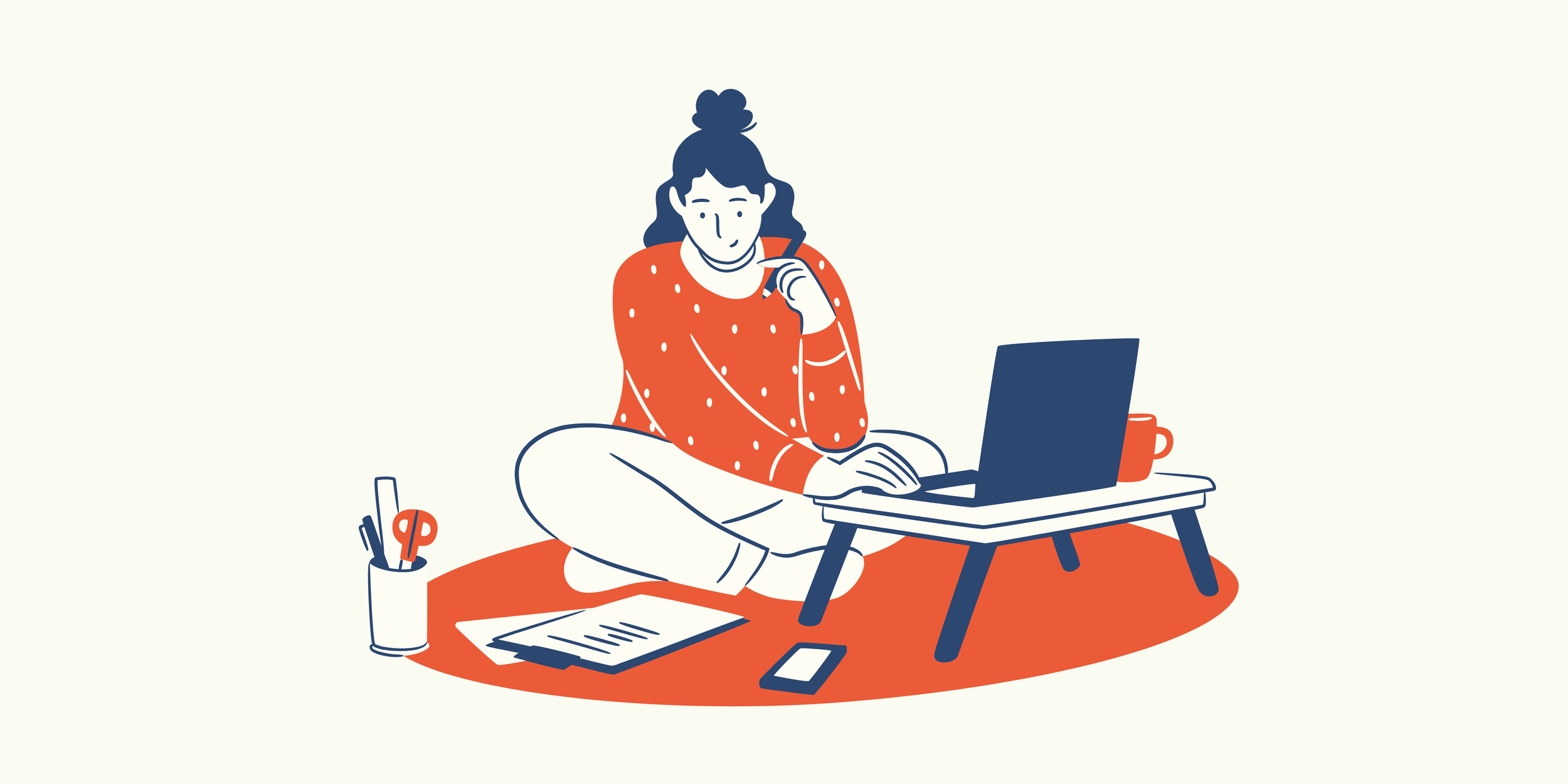 An illustration of a woman sitting at the floor working on her laptop