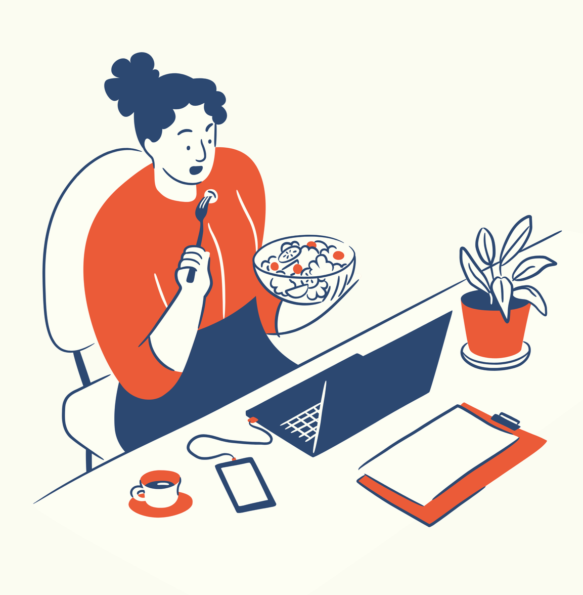 An illustration of a woman sitting at a desk eating her lunch at her computer.