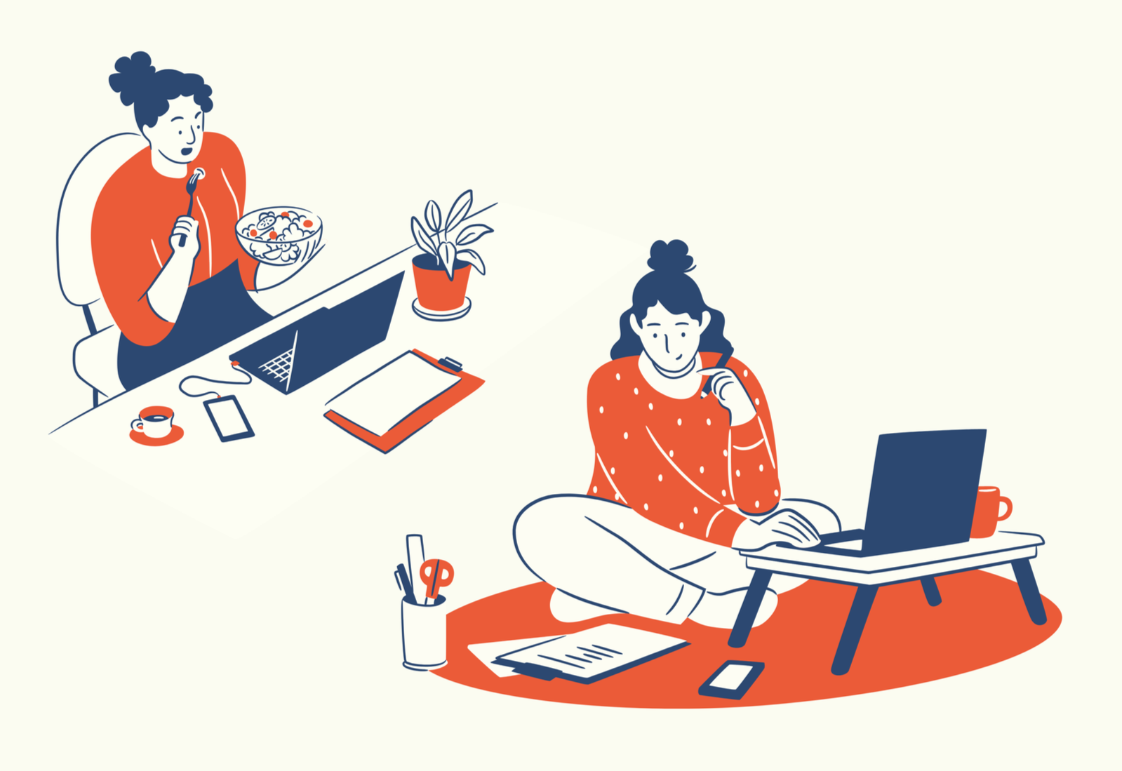 An illustration with one woman sitting at her desk eating a salad and looking at her computer while another woman sits on the floor working on her laptop.