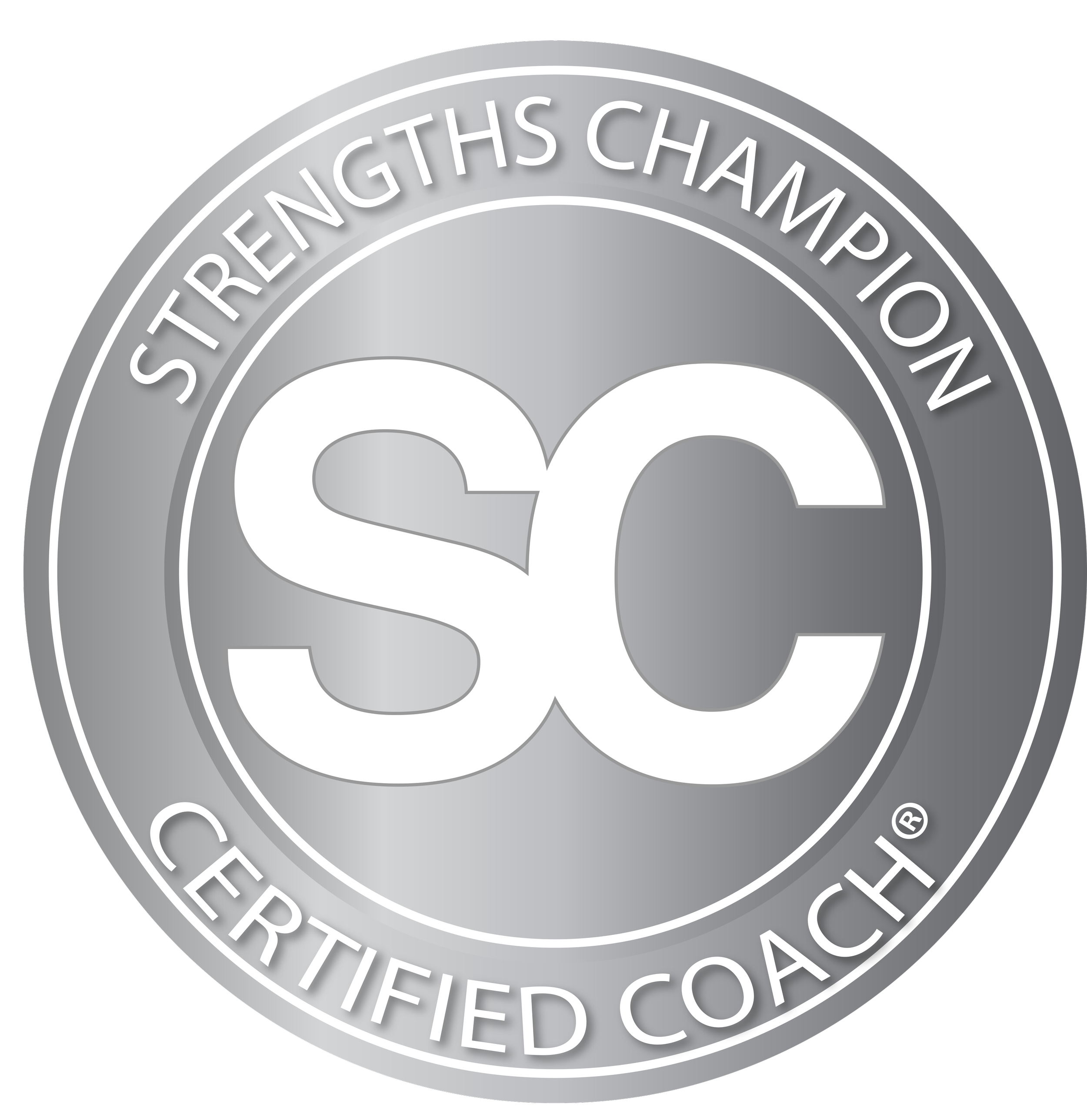 Close-up of a circular badge with the text 'Strengths Champion Certified Coach' on it.