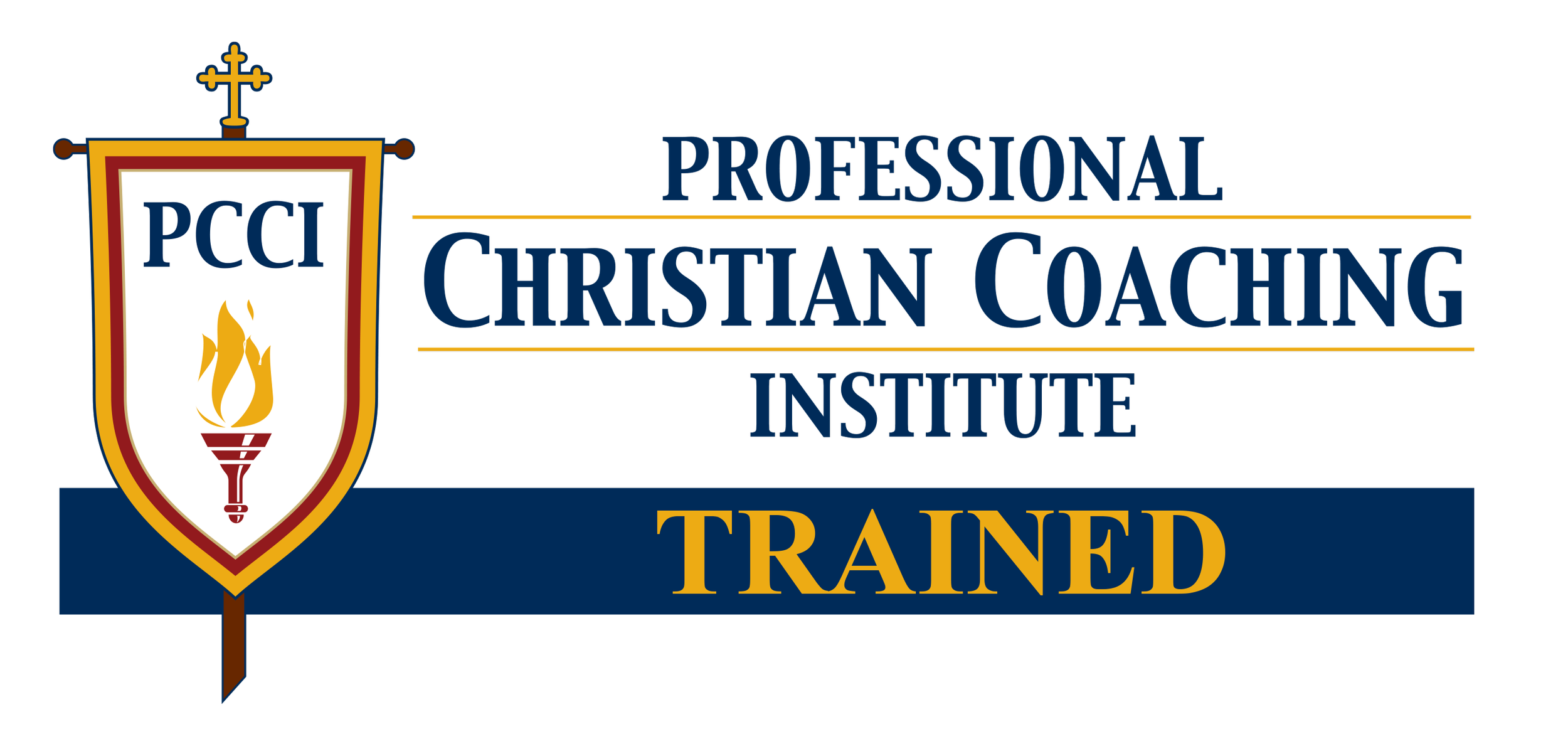 Logo of the Professional Christian Coaching Institute with a shield containing a lit torch and the acronym PCCI, and the word 'TRAINED' in gold below.