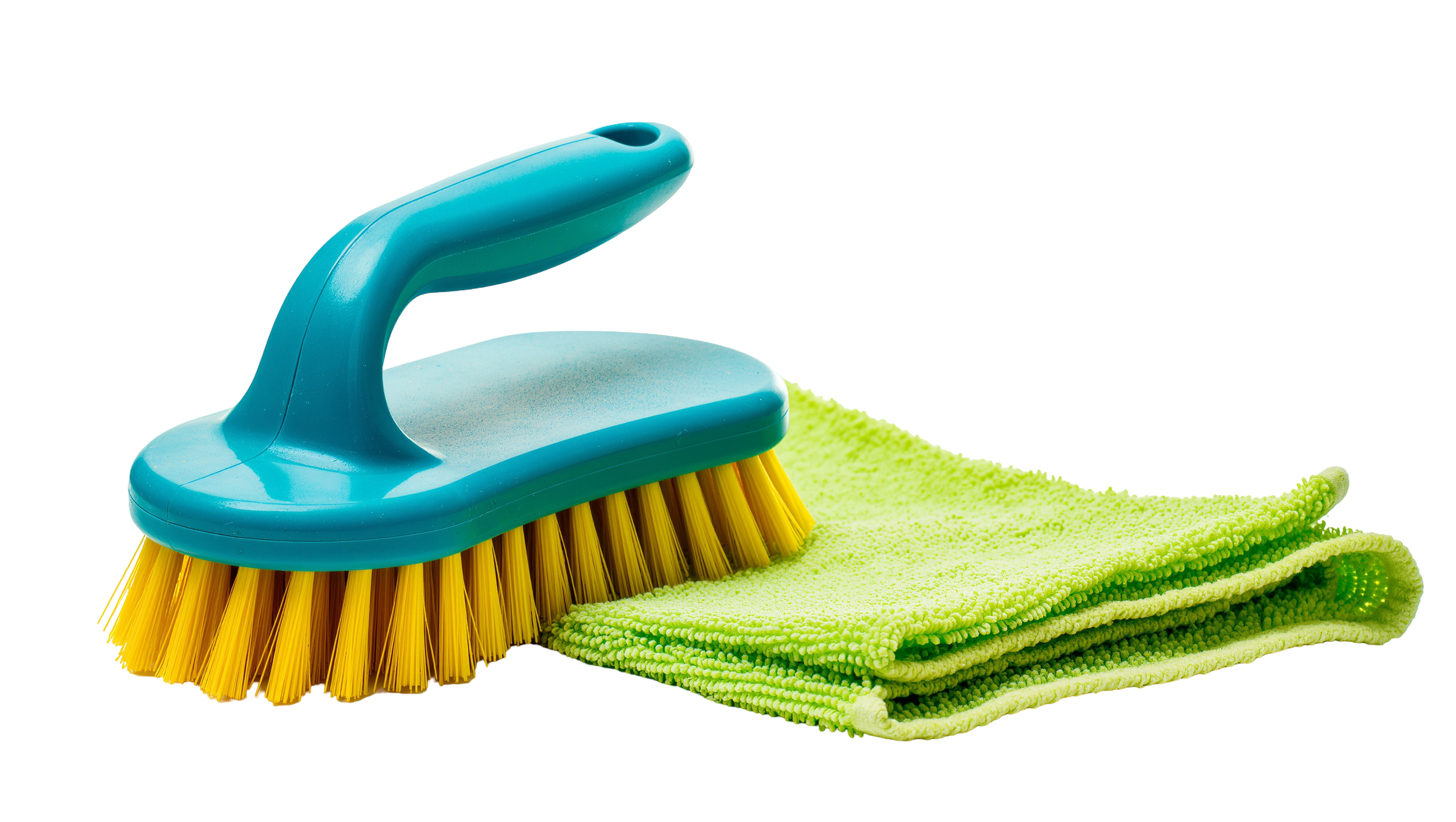 Cleaning supplies including a blue scrub brush with yellow bristles, a green microfiber cloth, and a green cleaning cloth.
