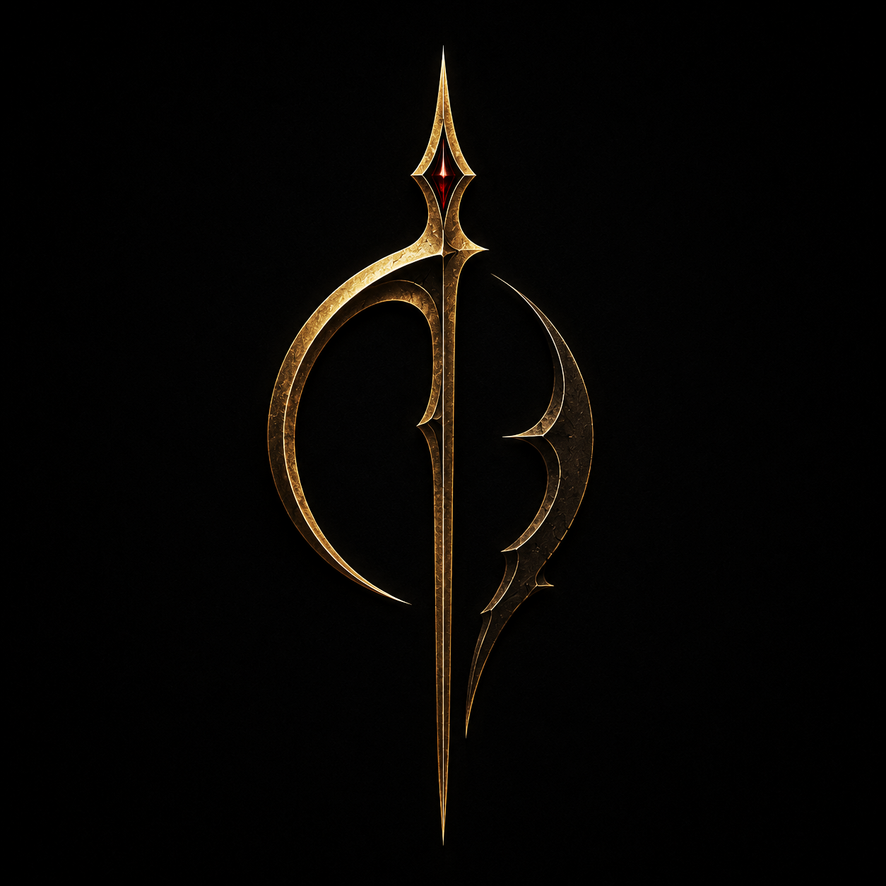 A dark background with a golden, ornate, symmetrical emblem in the center, resembling a stylized sword or dagger with pointed tips and curved elements.