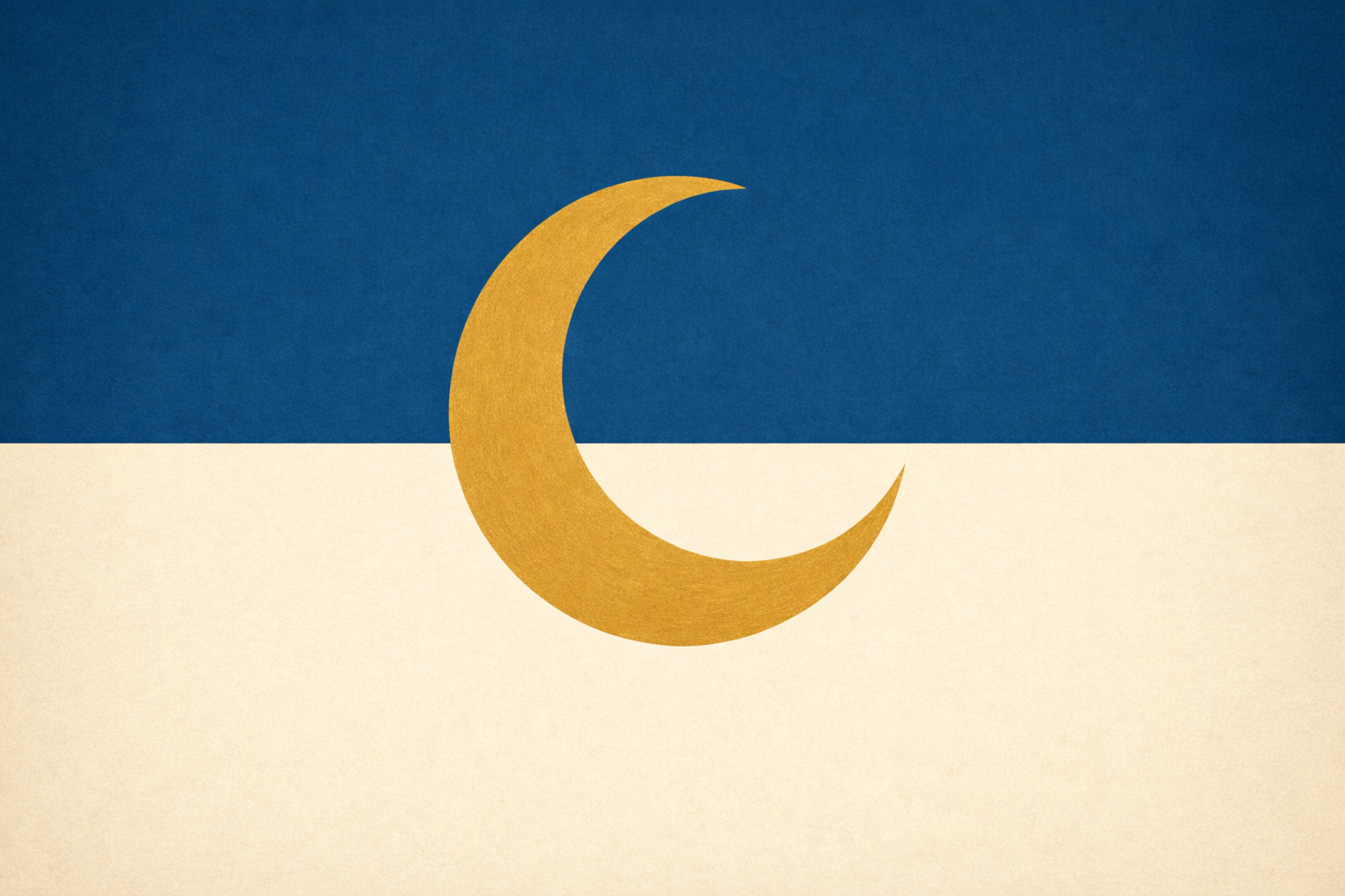 A graphic illustration of a crescent moon in gold centered over a background split into a dark blue upper half and a light beige lower half.