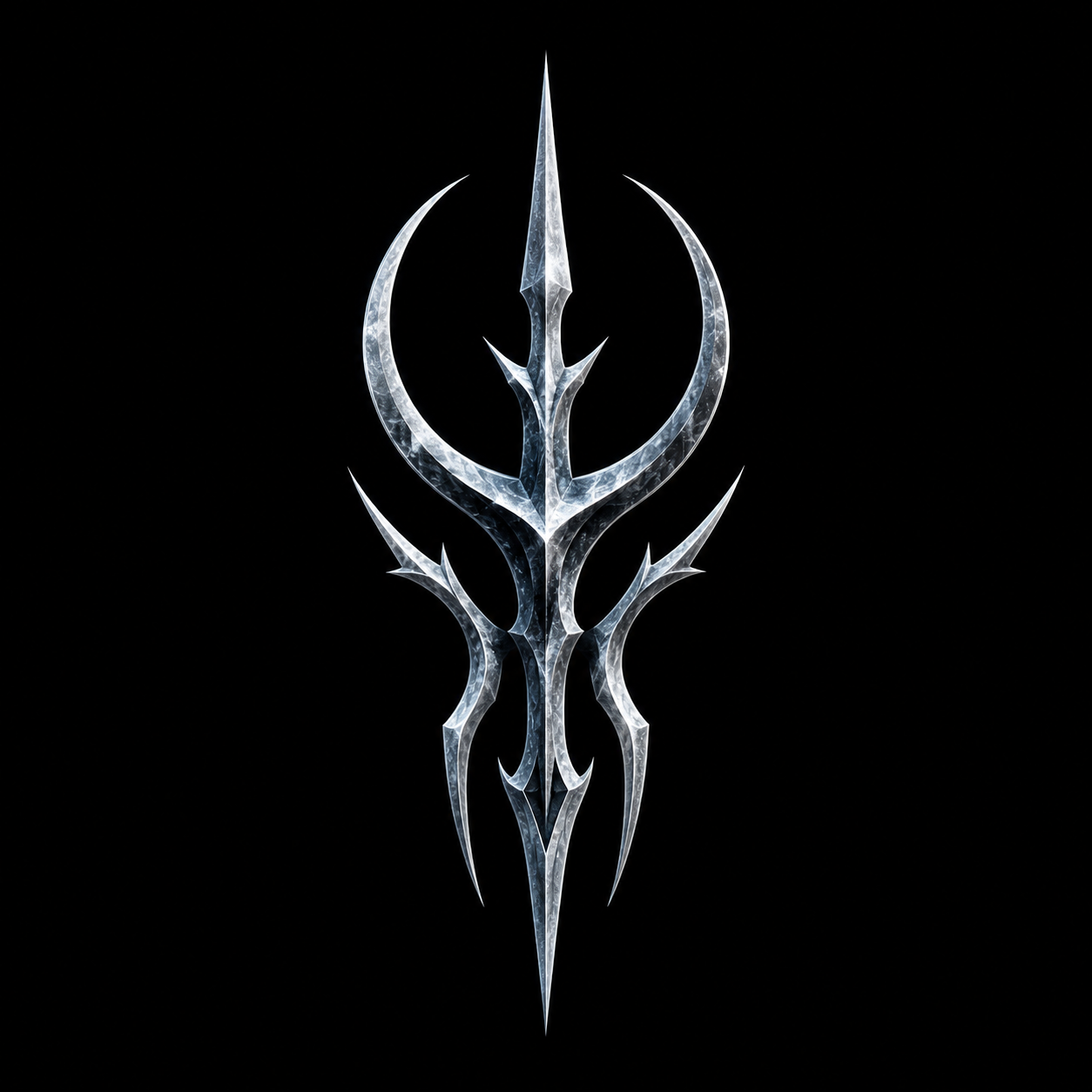 A metallic, icy-looking emblem with sharp, claw-like points and a central spearhead, set against a black background.