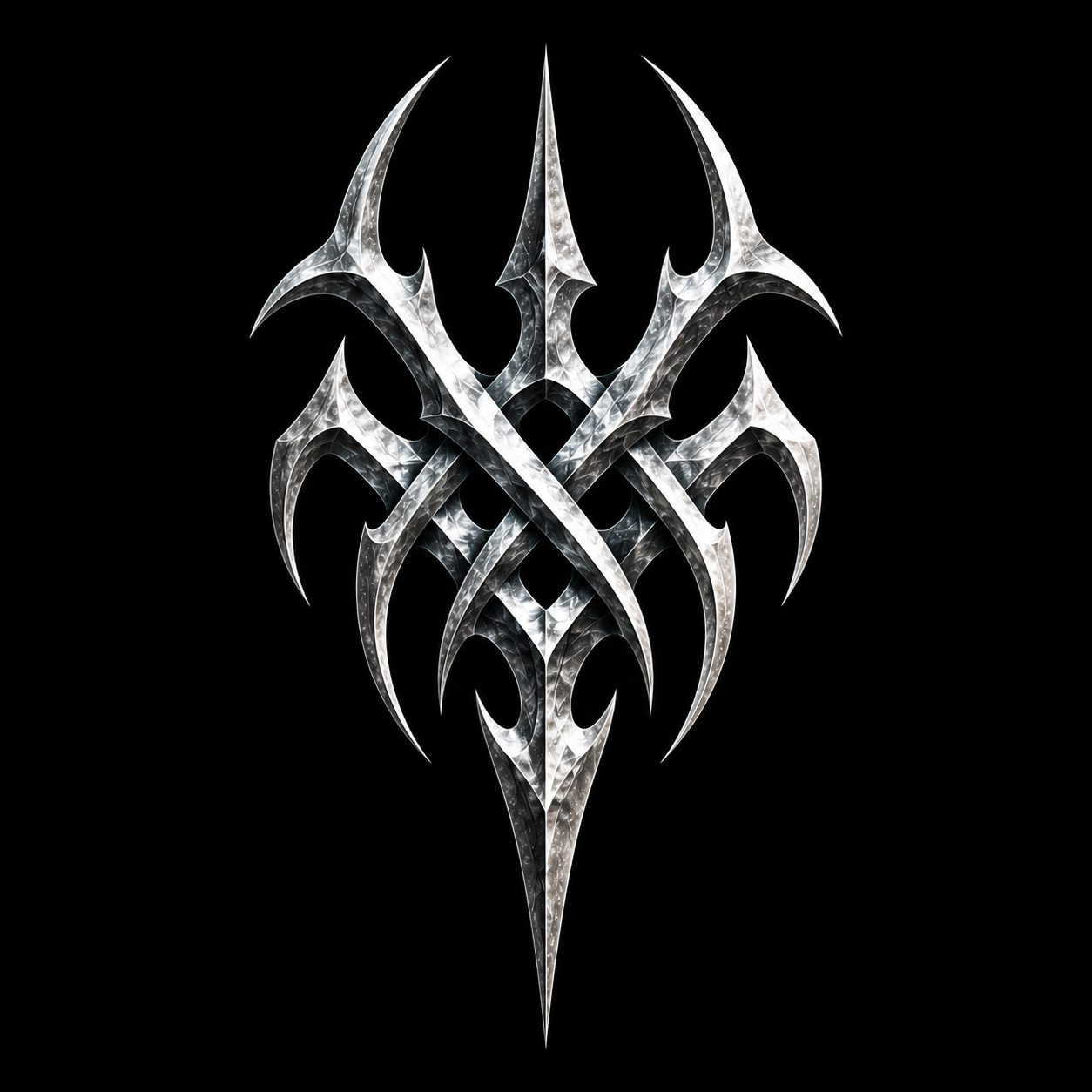 A metallic, symmetrical tribal-style logo on a black background with sharp, pointed elements.