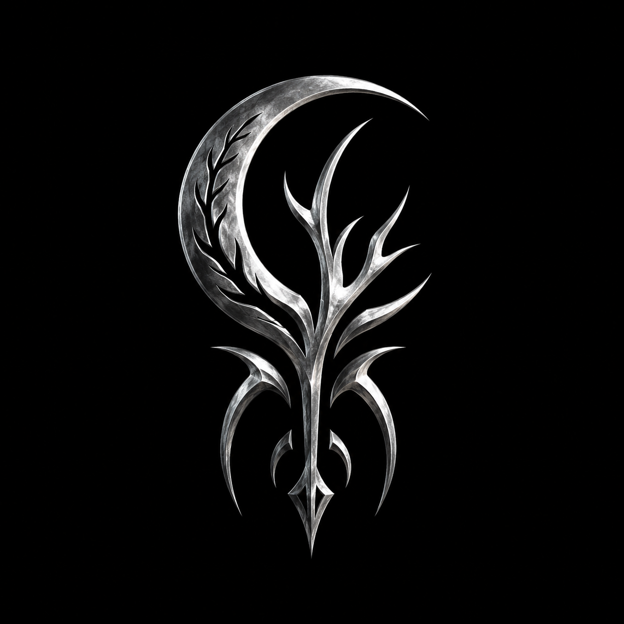 Stylized metallic emblem resembling a crescent moon with sharp, leaf-like and flame-like extensions against a black background.