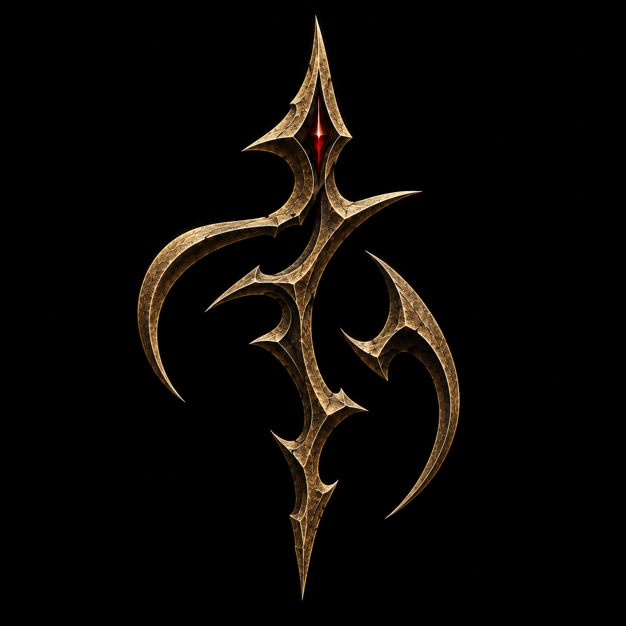 A metallic, ornate emblem with sharp, curved points and a red gem at its center, set against a black background.