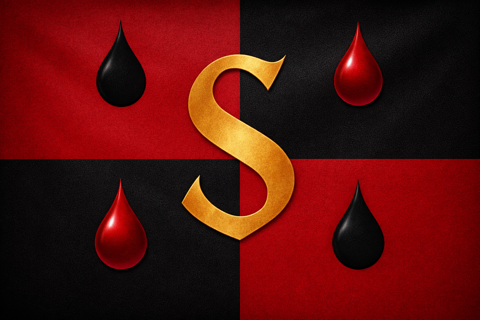 A digital graphic with four quadrants, two black and two red, featuring red and black teardrop shapes in opposite quadrants and a large gold letter S in the center.