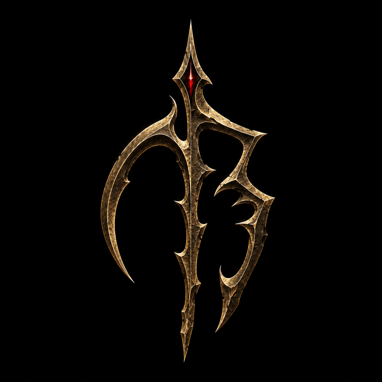 A stylized, metallic emblem with sharp, intricate edges and a red gem at the top, set against a black background.