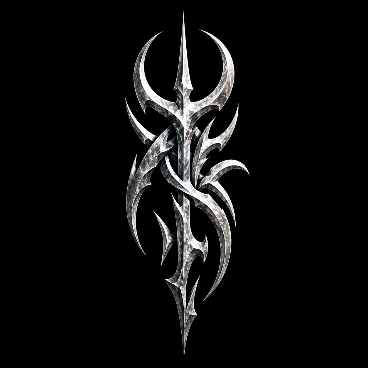A silver, tribal-style abstract design on a black background.