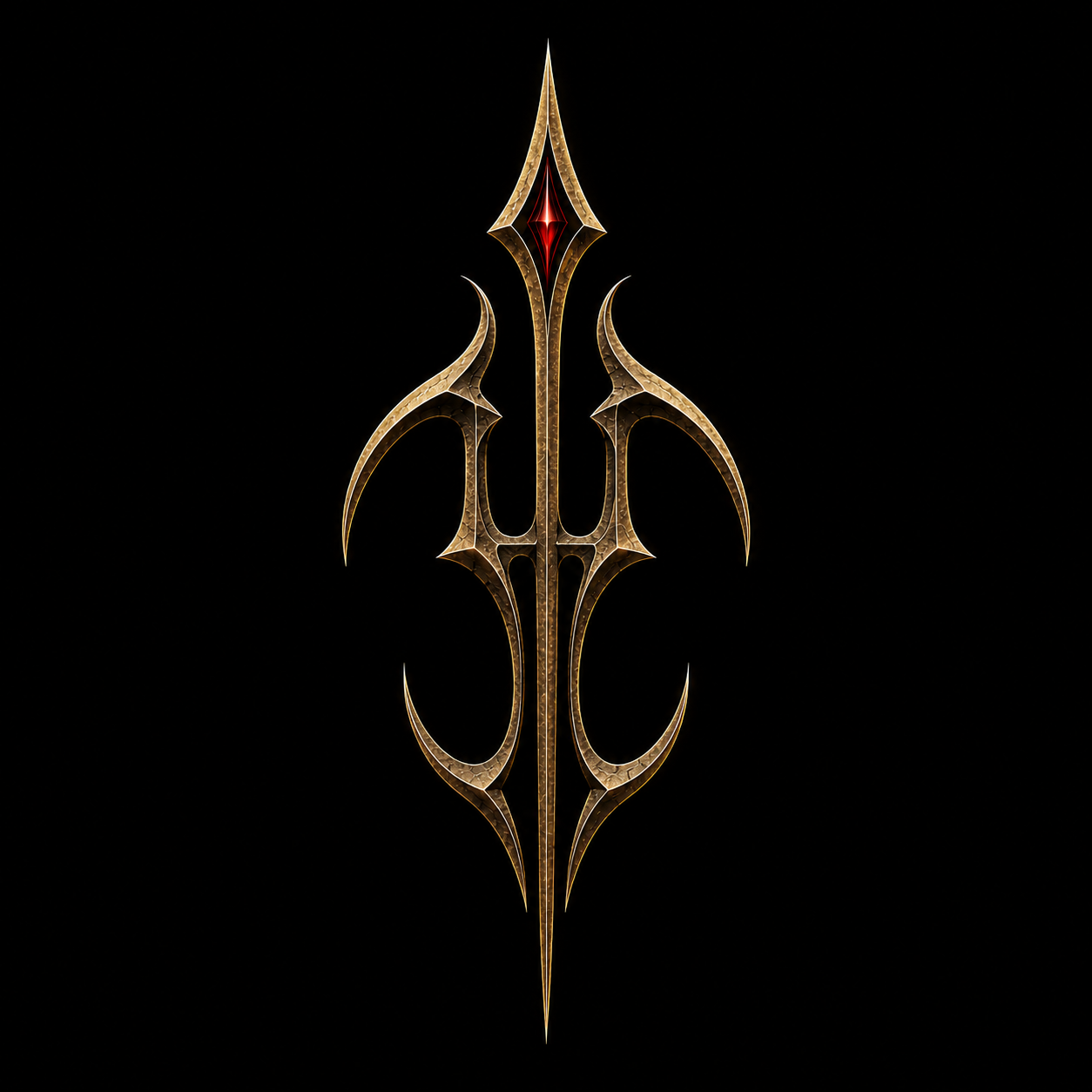 A stylized, metallic, symmetrical emblem resembling a trident with sharp, curved edges, set against a black background, featuring a red gem-like center.