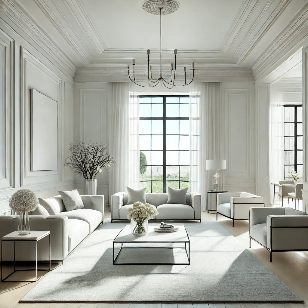 Bright, elegant living room with white walls, high ceilings, and large windows, furnished with white sofas, armchairs, a black metal coffee table, and minimalist decor.