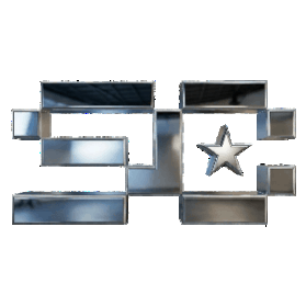 Metal shelving units arranged to form the number 2024 with a star symbol.