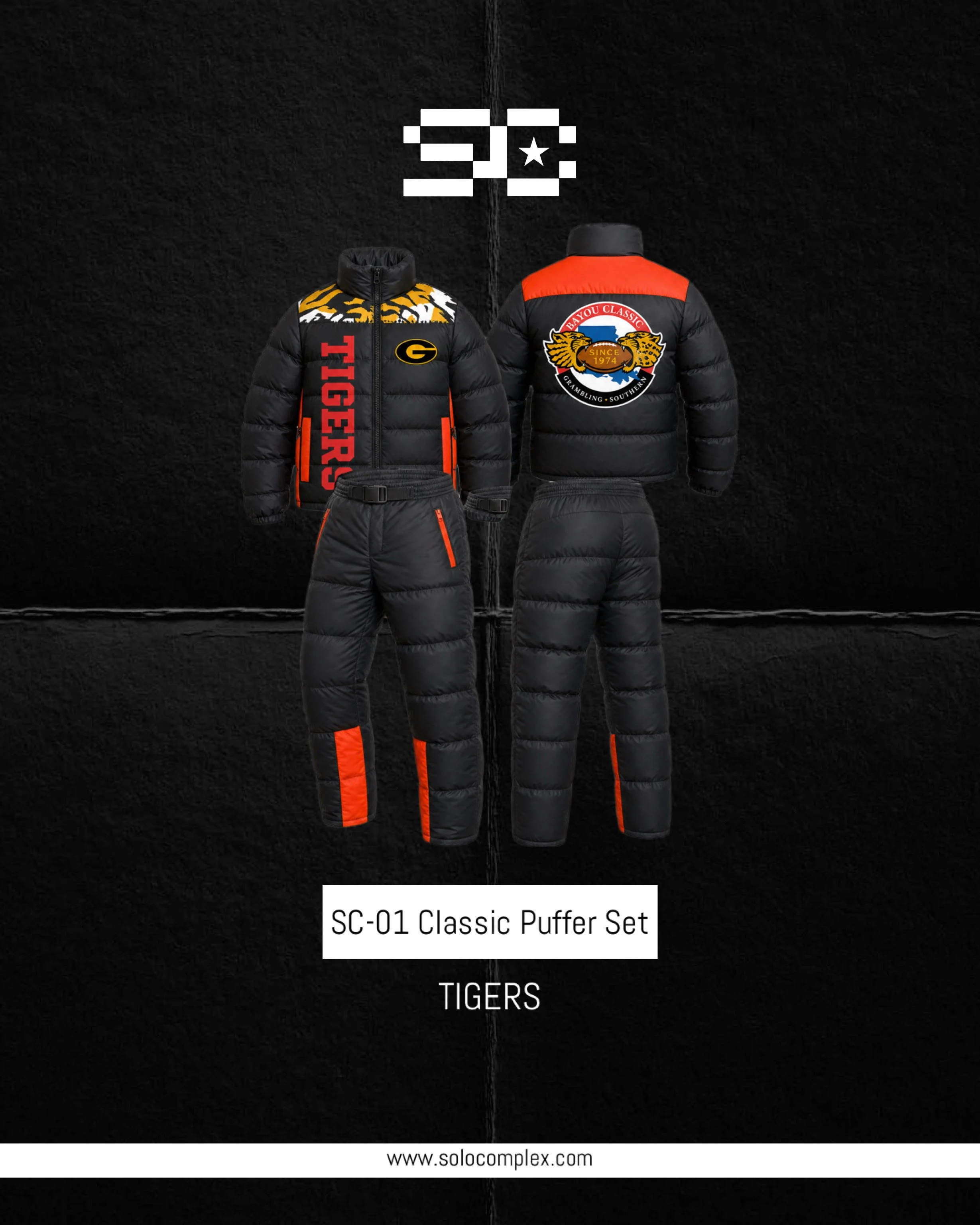 Two black puffer jackets with orange and white accents, featuring the logos of the Green Bay Packers and the University of Memphis Tigers, labeled as the SC-01 Classic Puffer Set, against a black background.