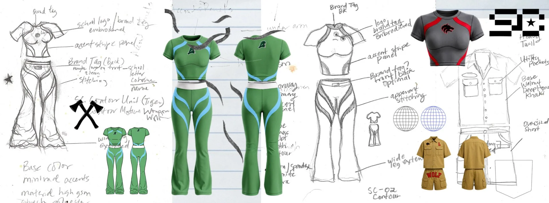 Design sketches and prototypes for athletic clothing, including both hand-drawn and digital color versions. The designs feature green and blue sports outfits with logo and brand tag details, and a separate gray athletic crop top with red accents. Additional sketches include a school logo, a generic military-style uniform, and rough notes about color, stitching, and branding.