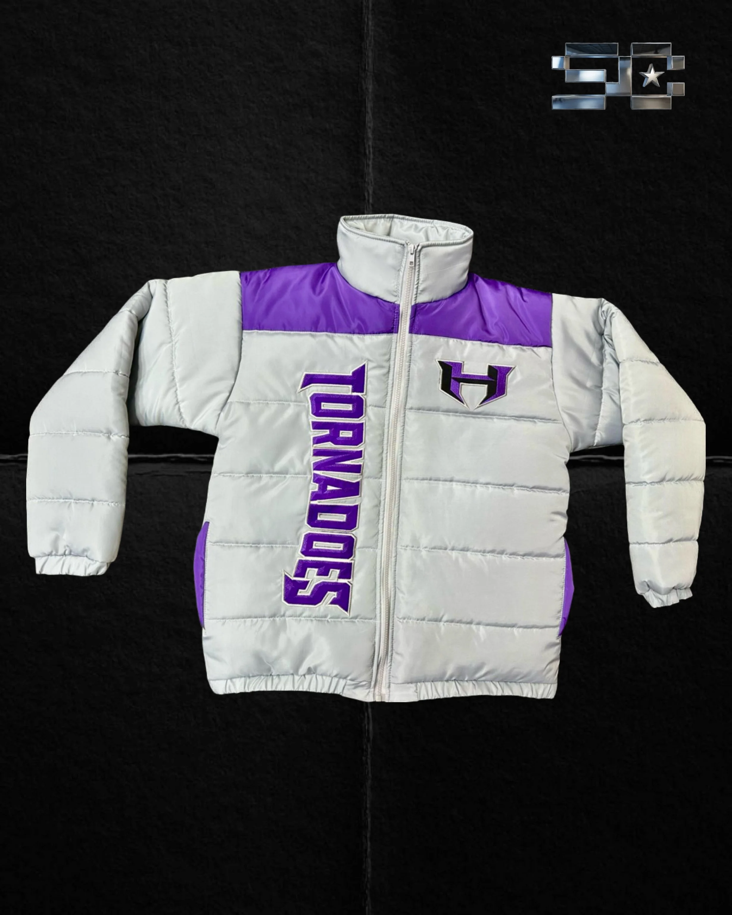 White and purple jacket with the word 'SQUAD' written vertically and a logo with a star on the chest, displayed against a black background.