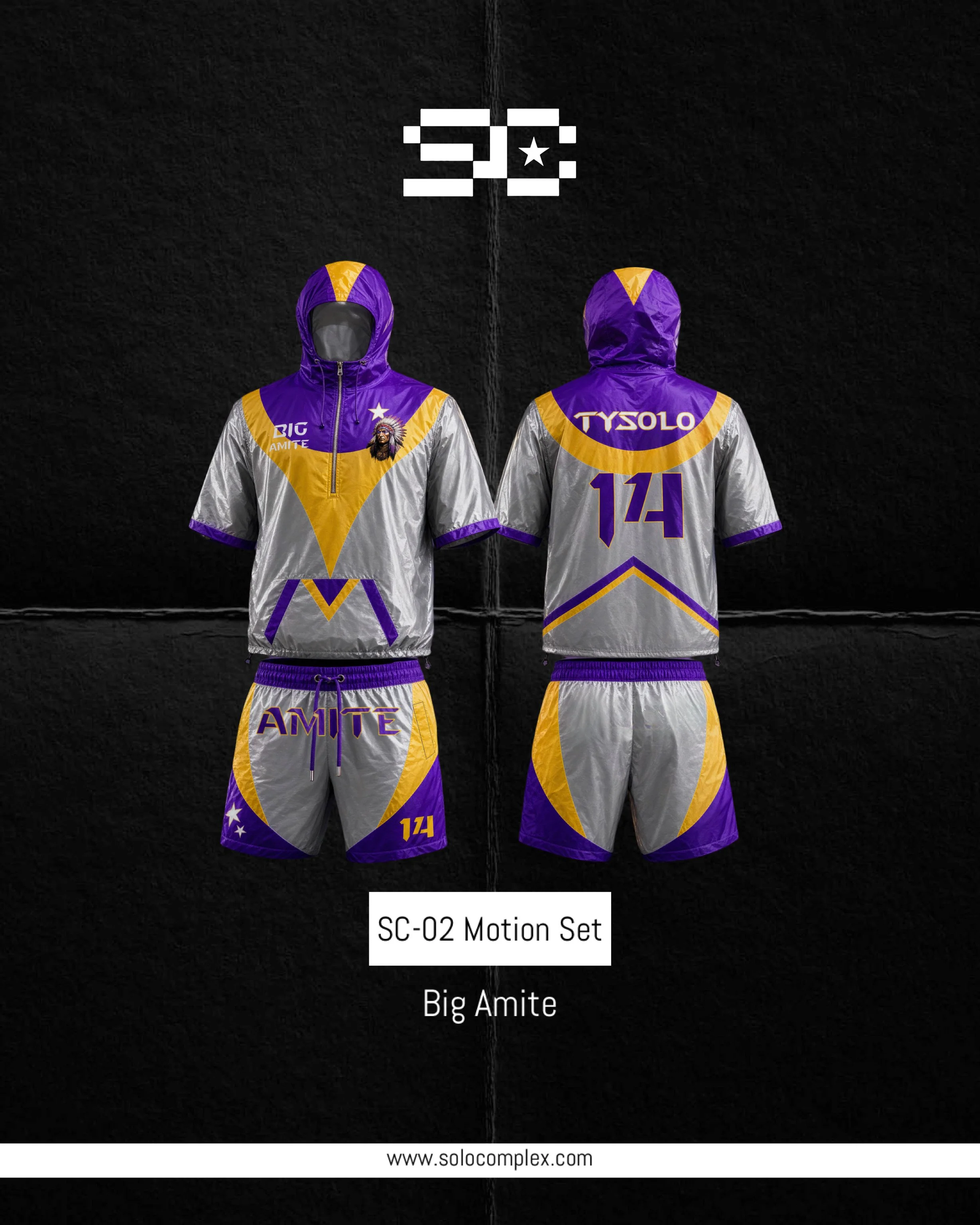 A black background with a sports outfit consisting of a jacket, shorts, and a hood, all in purple, gray, yellow, and white colors, displaying the text 'Big Amite' and 'TYSOLO' and a star logo. The front and back of the outfit are shown. The top of the image features a digital number display and a star symbol, and at the bottom, there is website information www.solocomplex.com.