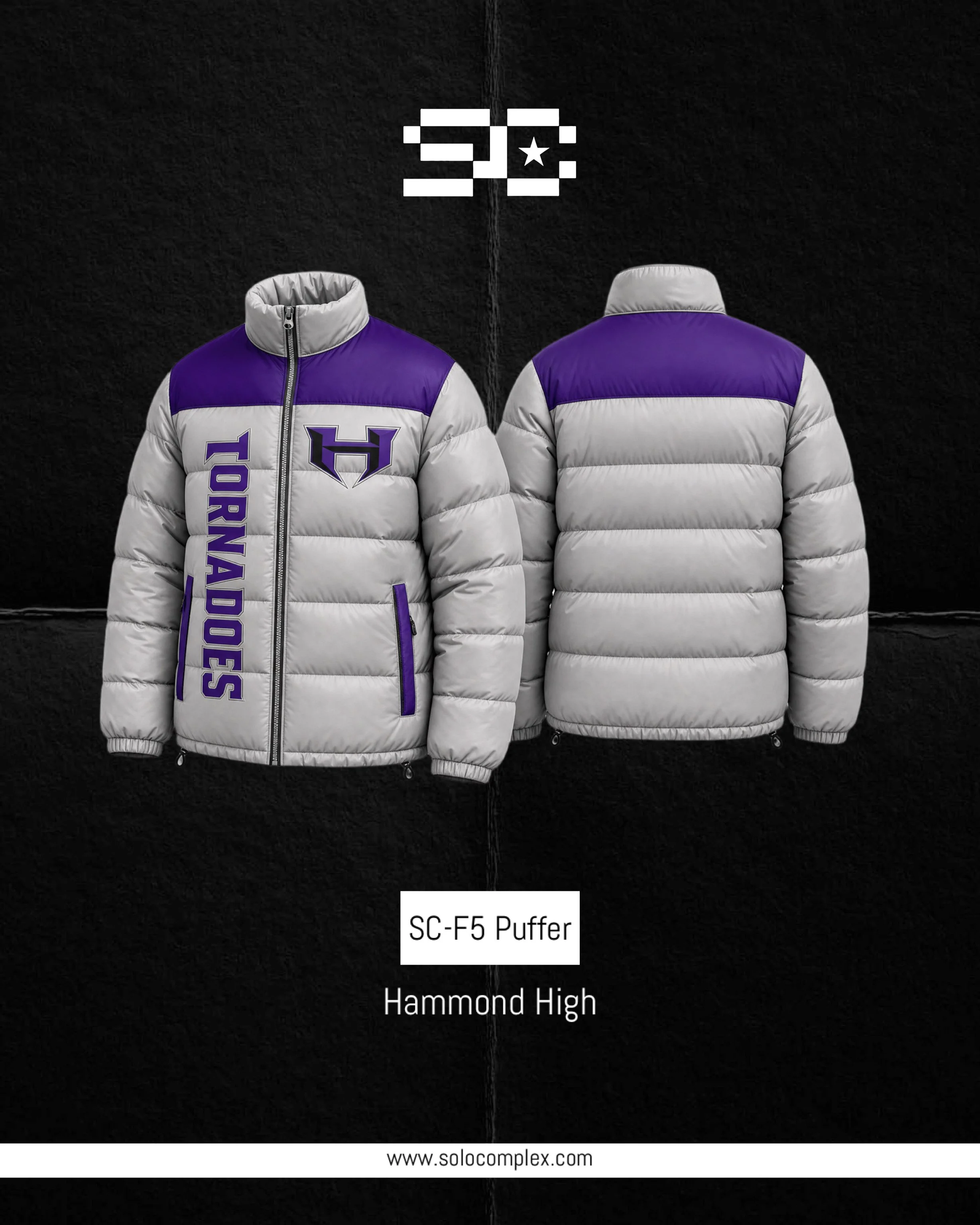Two puffer jackets, one with purple and gray color with logos, front view, on black background, branding for 'solocomplex.com', labeled as 'SC-F5 Puffer', part of 'Hammond High' collection.