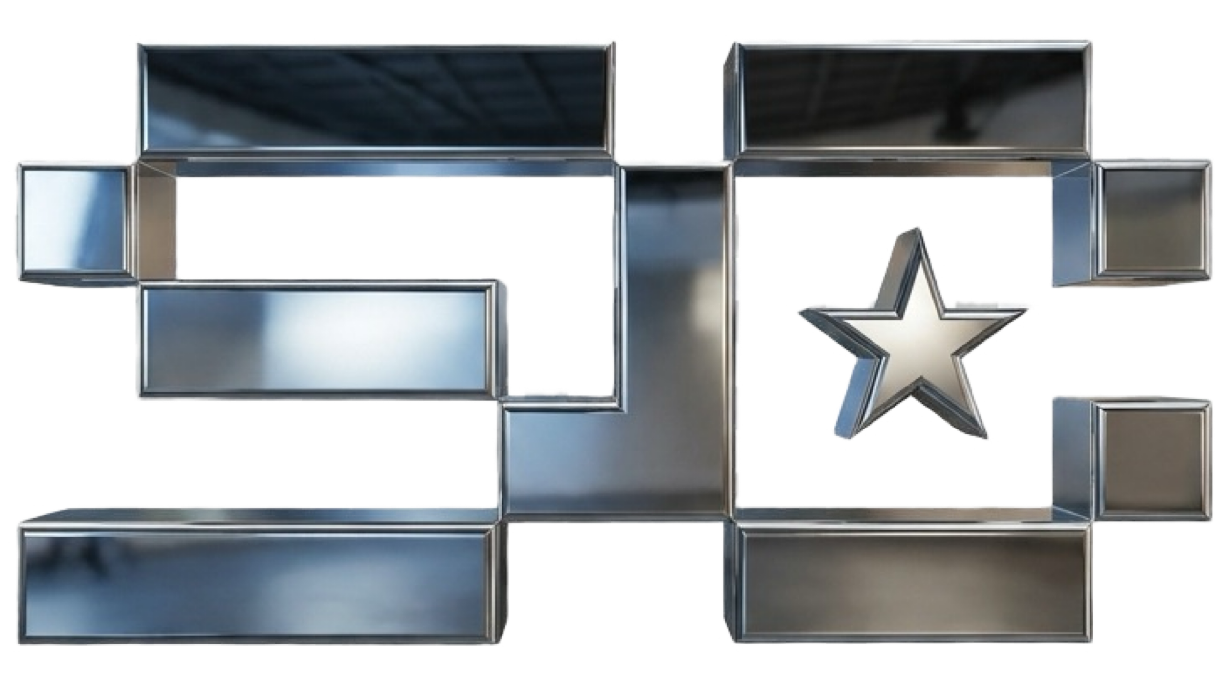 A collection of metallic compartments and frames with a star-shaped decor piece on the right side.