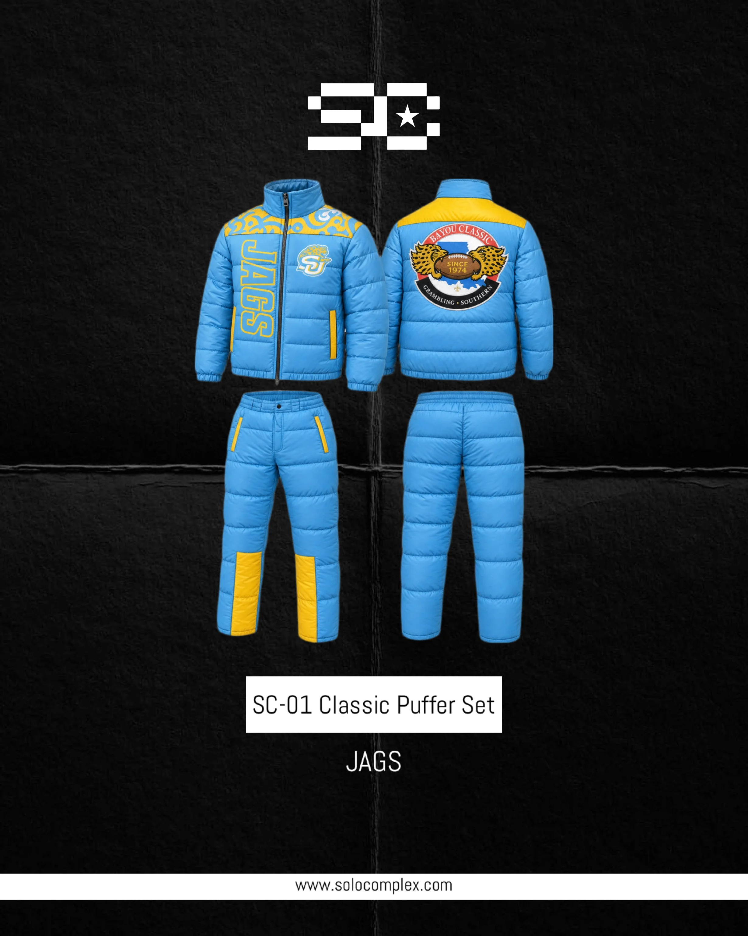 Blue and yellow puffer jacket and pant set with sports team logos, displayed against a black background with a logo and text.